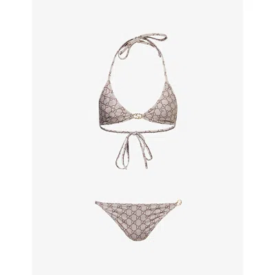 Gucci Womens Beige Ebony Mc Gg Supreme Logo-embellished Bikini Set Xxs