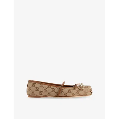 GUCCI WOMENS BEIGE EBONY SUNDIAL GG-MONOGRAM HORSEBIT CANVAS BALLERINA PUMPS EUR 40 / 7 UK