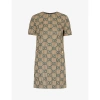 GUCCI GUCCI WOMEN'S BEIGE GREEN MC MONOGRAM-PATTERN WOOL MINI DRESS