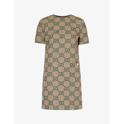 Gucci Womens Beige Green Mc Monogram-pattern Wool Mini Dress