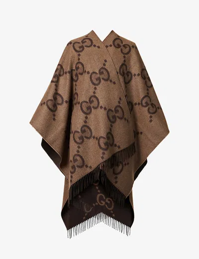 Gucci Womens  Double G-intarsia Oversized Cashmere Poncho In Beige/dark Brown