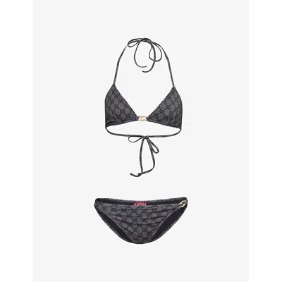 Gucci Womens Black Gg Supreme Logo-embellished Bikini Set