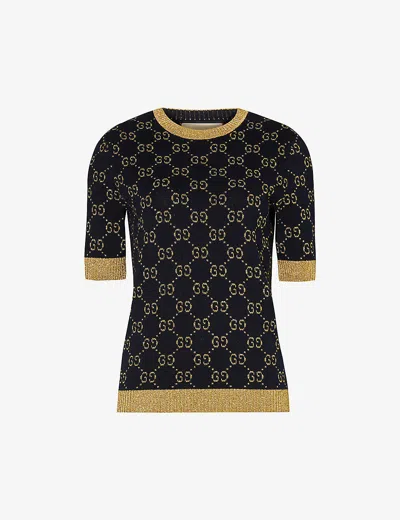 Gucci Monogram-pattern Ribbed-trim Cotton-blend Knitted Top In Blue/gold