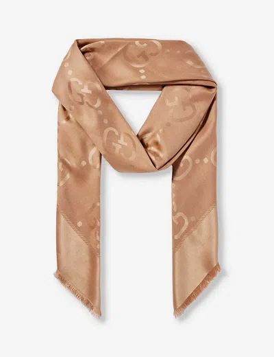 Gucci Womens Camel Brand-print Tasselled-trim Silk And Wool Blend Scarf