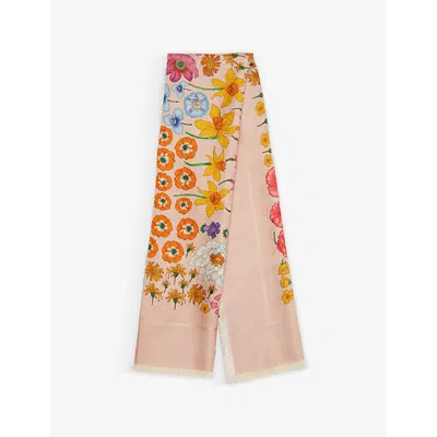 Gucci Womens  Erbarium Floral-print Silk-and-wool-blend Scarf In Pink