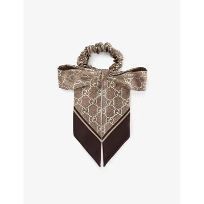 Gucci Womens  Lamy Chou Monogram-print Silk Hair Scrunchie In Brown