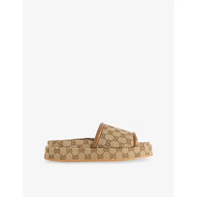 Gucci Womens Beige Ebony Clarice Gg Canvas Platform Sandals Eur 38/5 Uk