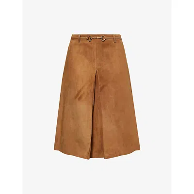 Gucci Womens Horsebit Pleated Suede Midi Skirt Cuir