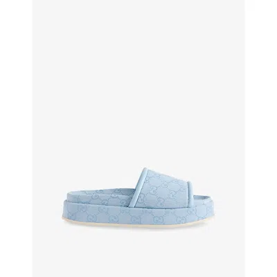 GUCCI WOMENS EDEN LIGHT BLUE GG PLATFORM CANVAS SANDALS EUR 37 / 4 UK