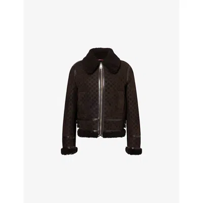 GUCCI WOMENS ESPRESSO RELAXED-FIT BIKER SHEARLING JACKET
