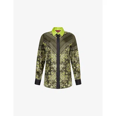 Gucci Womens Floral Scarf Silk Shirt Forest Green Brown