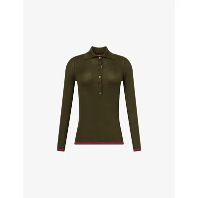 Gucci Womens Ribbed Long-sleeves Cashmere And Silk Polo Shirt Forest Green Mc