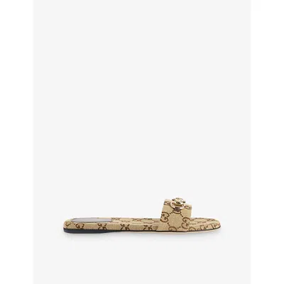 Gucci Womens Camel Ebony Gg Canvas Slides Eur 39 / 6 Uk In Brown