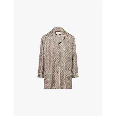 Gucci Womens Brown Blue Mc Gg Monogram Print Silk Shirt In Multi
