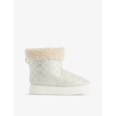 Gucci Womens  Metallic Brand-monogram Shearling-trim Suede Boots In Glam Silver Off White
