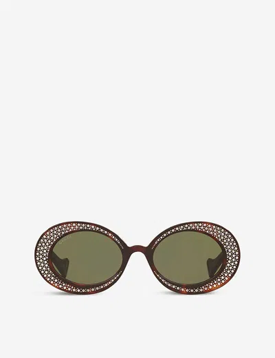 Gucci Womens Green Gg0618s 54 Crystal-studded Oval Acetate Sunglasses