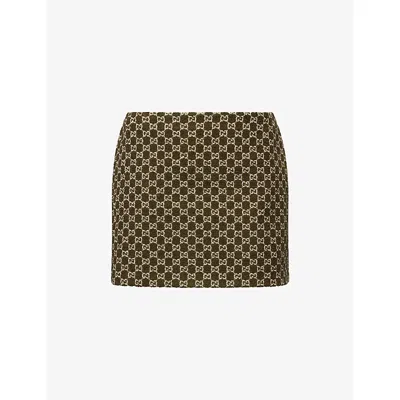 Gucci Womens Green White Monogram Mid-waist Cotton-blend Mini Skirt In Multi