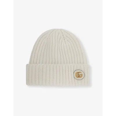 GUCCI WOMENS IVORY DOUBLE G RIBBED WOOL-BLEND KNITTED BEANIE HAT