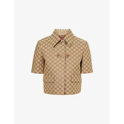 GUCCI WOMENS GG BRAND-MONOGRAM SHORT-SLEEVE CANVAS JACKET CAMEL EBONY