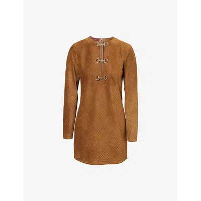 GUCCI WOMENS CUIR GG HORSEBIT-DETAIL SUEDE MINI DRESS