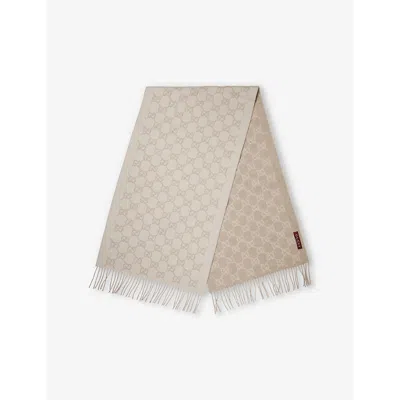 Gucci Womens  Gg Monogram Fringed-trim Brushed Cashmere Shawl In Neutral