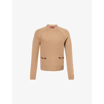 GUCCI WOMENS CAMMELLO PRINTED HORSEBIT-EMBELLISHED WOOL AND CASHMERE-BLEND JUMPER XS