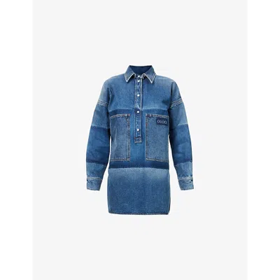 Gucci Womens Lasered Brand-logo Washed Denim Mini Dress Blue Light Blue
