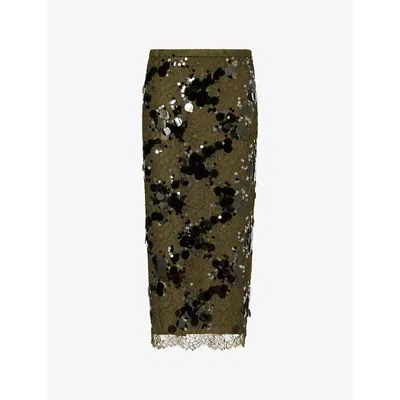 Gucci Womens Sequin-embellished Mid-waist Woven Midi Skirt Deep Oil Mix In Green