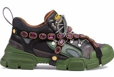 Pre-owned Gucci Womens Journey Flashtrek Crystal Green Purple Hiker Low Boot Sneaker 37