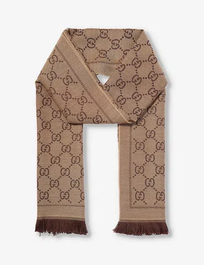 Gucci Womens  Monogram-pattern Fringed-trim Wool Knitted Scarf In Light Brown/d. Brown