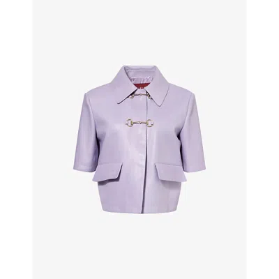 Gucci Womens Flared Short-sleeves Regular-fit Leather Jacket Light Wisteria