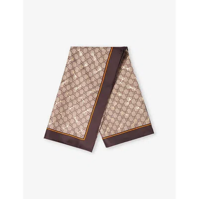Gucci Womens  Gg Monogram-print Horsebit Silk Scarf In Mahogany/orange