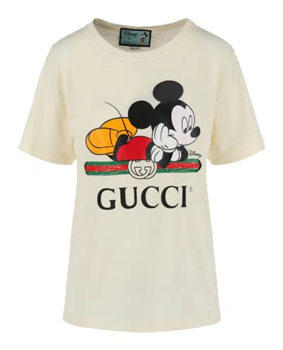 Pre-owned Gucci Womens Mickey Mouse Logo Short Sleeve T-shirt In White
