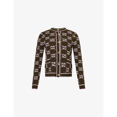 Gucci Womens Military Lilac Gg Bouclé Wool Knitted Cardigan In Brown