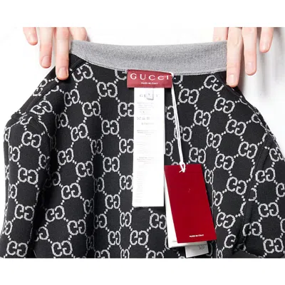 Gucci Womens Smoke Grey Black Monogram V-neck Knitted Wool Cardigan