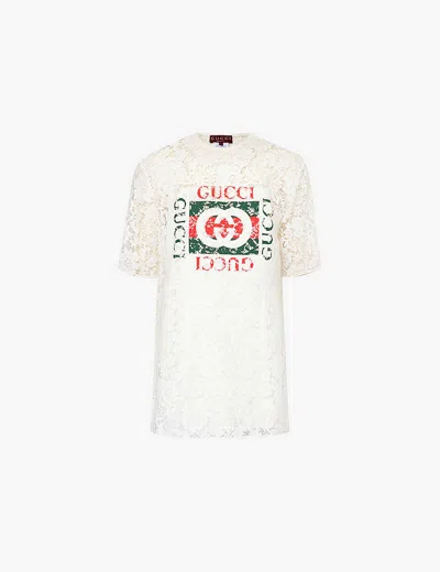 Gucci Womens Brand-print Floral-embroidered Woven-blend Top Off White Mix