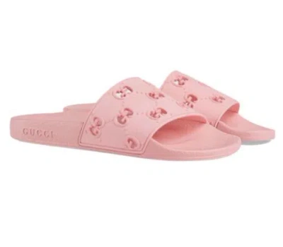 Pre-owned Gucci Womens Rubber Cutout Slides Pink Rose Gg Logo Sandal 38, Us 8 $350