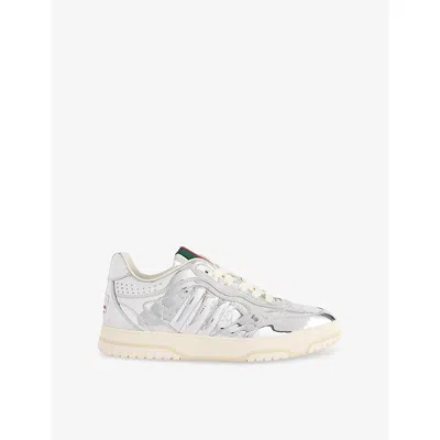 GUCCI WOMENS SILVER RE-WEB MIRROR LOW-TOP LEATHER TRAINERS EUR 37 / 4 UK