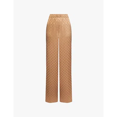 Gucci Womens Vintage Camel Monogram-print Wide-leg Mid-rise Satin Trousers