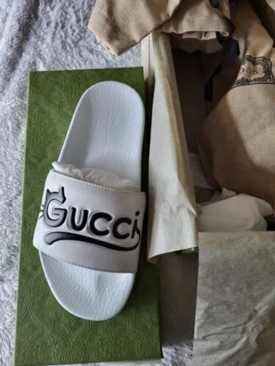Pre-owned Gucci Womens White Cat Slides