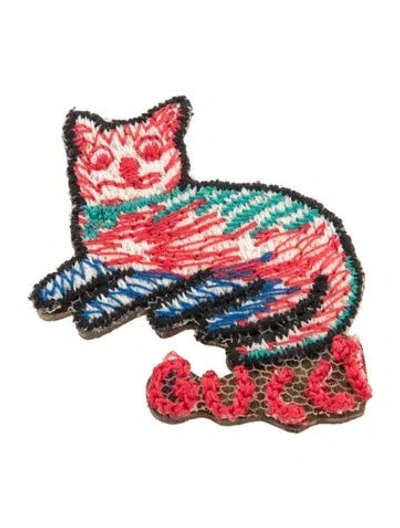 Pre-owned Gucci Wood & Cord Embroidered Cat Pin Brooch In Multi
