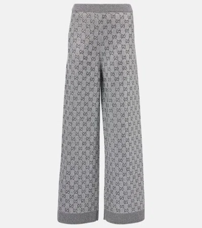 Gucci Crystal-embellished Metallic Wool-blend Wide-leg Pants In Gray