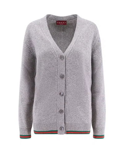 Gucci Wool And Cashmere Cardigan With Web Detail In Gray