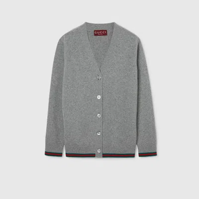 Gucci Wool And Cashmere Cardigan With Web In Grey
