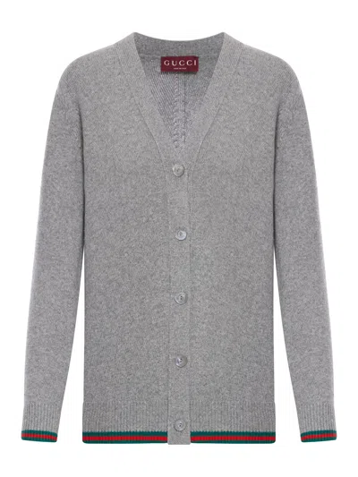 Gucci Grey Wool And Cashmere Web Cardigan In Gray