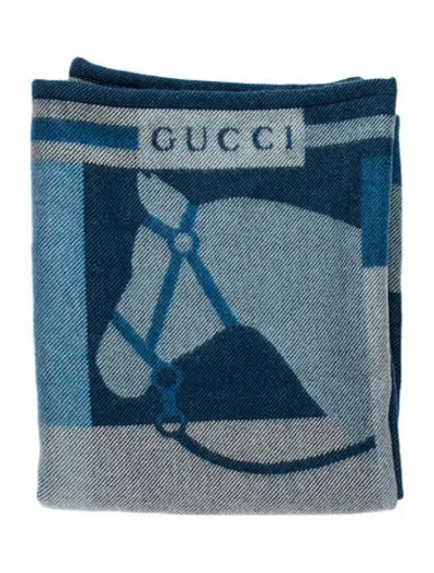 Pre-owned Gucci Wool & Cashmere Jacquard Throw Blanket In Blue