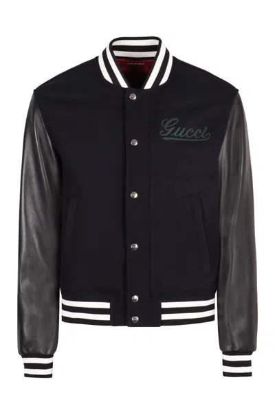Gucci Wool And Leather Bomber Jacket In Blue