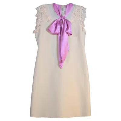 Pre-owned Gucci Wool & Silk Blend Mini Dress With Pussycat Bow It 40 / Us 4 In Sand