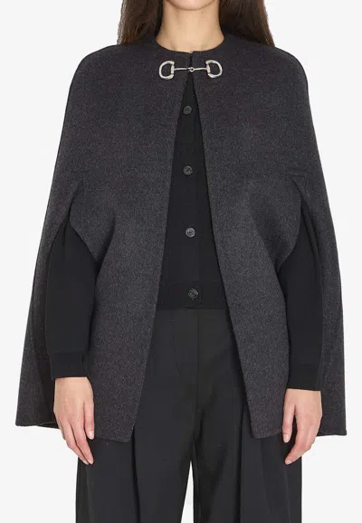 Gucci Women Black Cape With Clamp Closure On The Front And Internal Gg Motif In Wool And Silk Woman In Gray