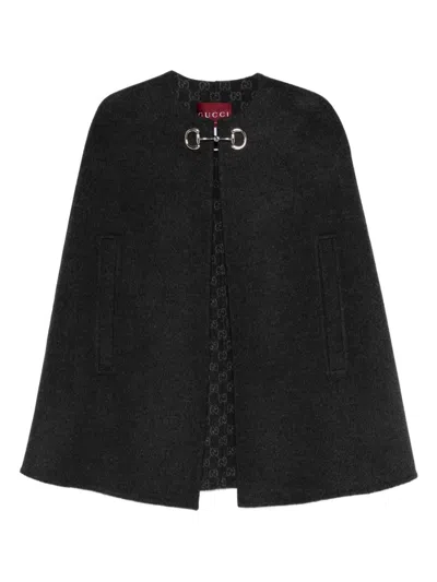 Gucci Women Black Cape With Clamp Closure On The Front And Internal Gg Motif In Wool And Silk Woman In Gray